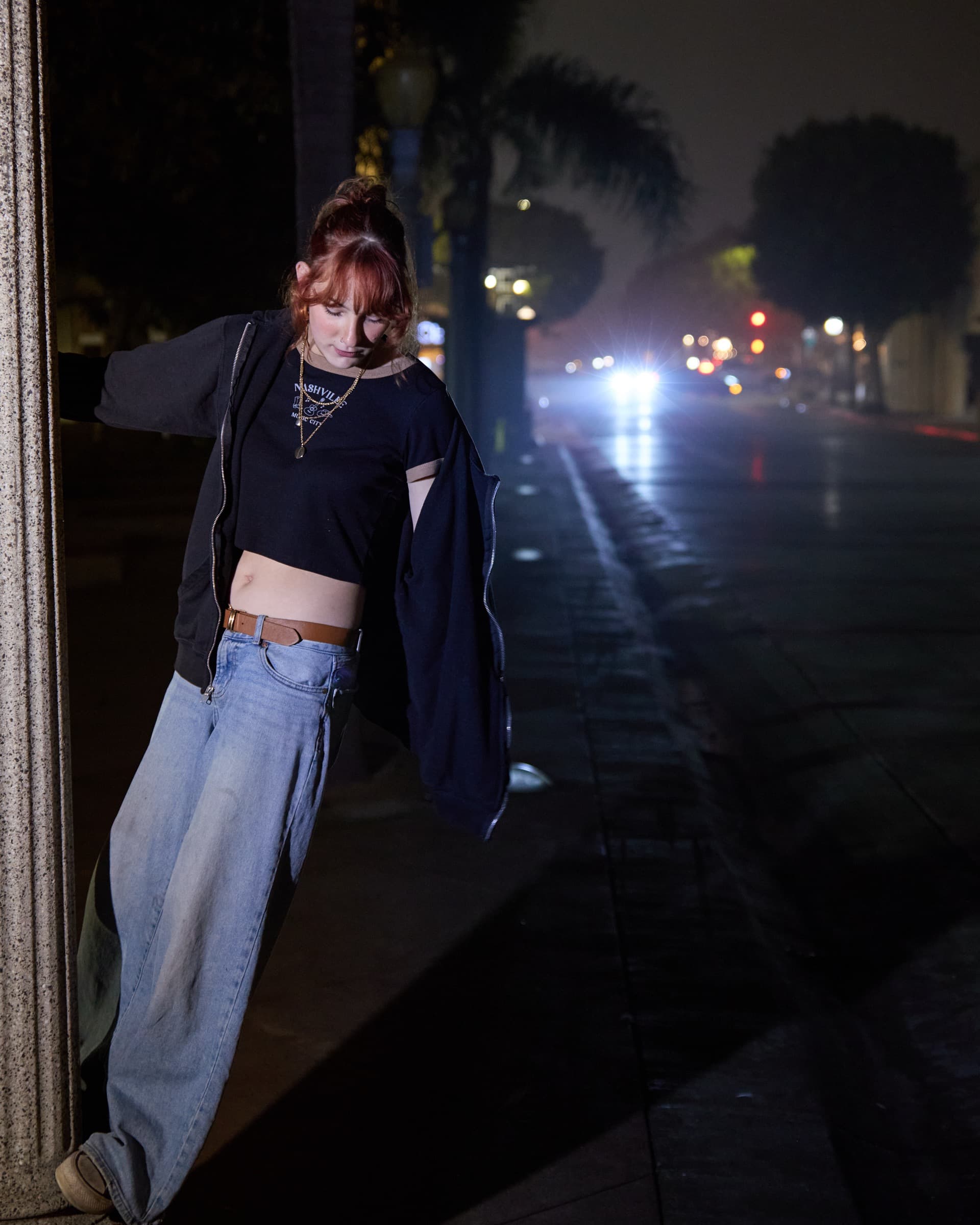 Editorial street portrait at night, downtown Orange County